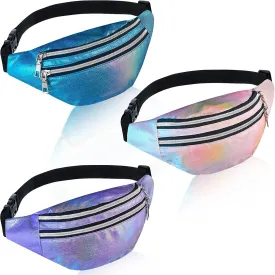 3 Pieces Holographic Fanny Pack for Women Men Kids, Metallic Color Sport Waistbag with Pouches and Adjustable Belt, Hologram PU Waist Pack for Traveling, Running, Partying (Blue, Pink, Purple)