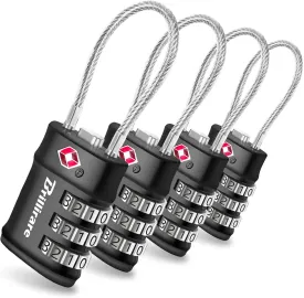 4 Pack TSA Approved Luggage Locks, Combination Travel Cable Lock, 3-Digit Waterproof Padlock, Zinc Alloy Outdoor Keyless Resettable Lock for Travel, Lockers, Bags, Backpack, Gym, Gate-by BRILLIRARE