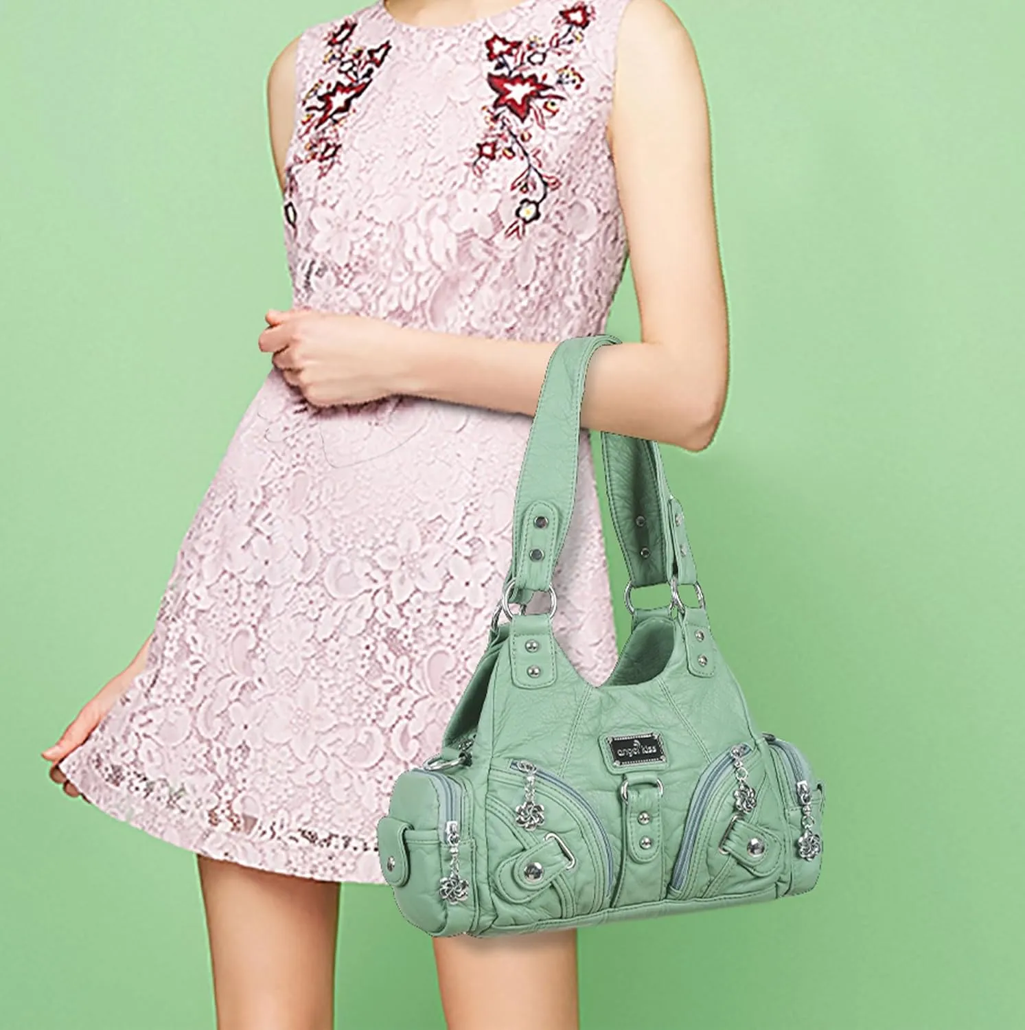 Angel Kiss Purses for Women Small Hobo Shoulder Bags Vagen Leather Multi-Pocket Tote Bag with Zipper