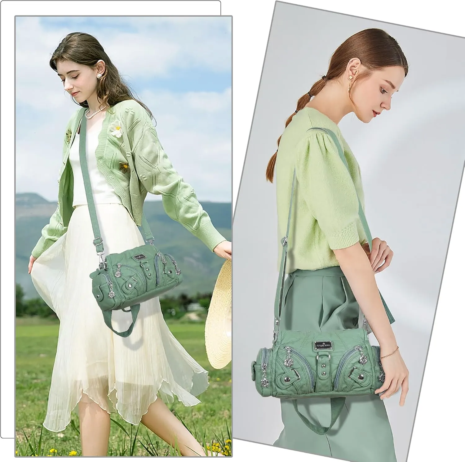 Angel Kiss Purses for Women Small Hobo Shoulder Bags Vagen Leather Multi-Pocket Tote Bag with Zipper