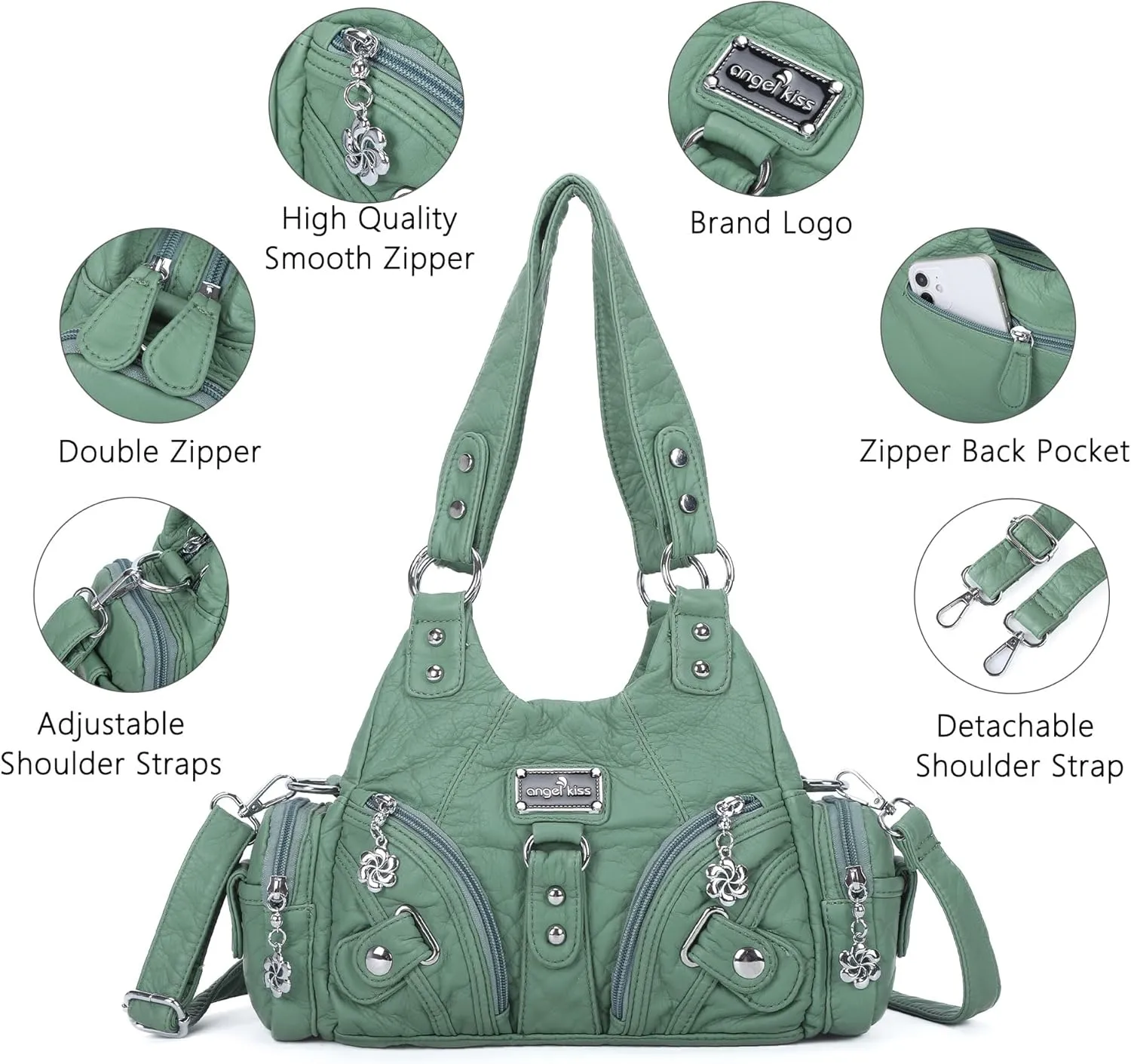 Angel Kiss Purses for Women Small Hobo Shoulder Bags Vagen Leather Multi-Pocket Tote Bag with Zipper