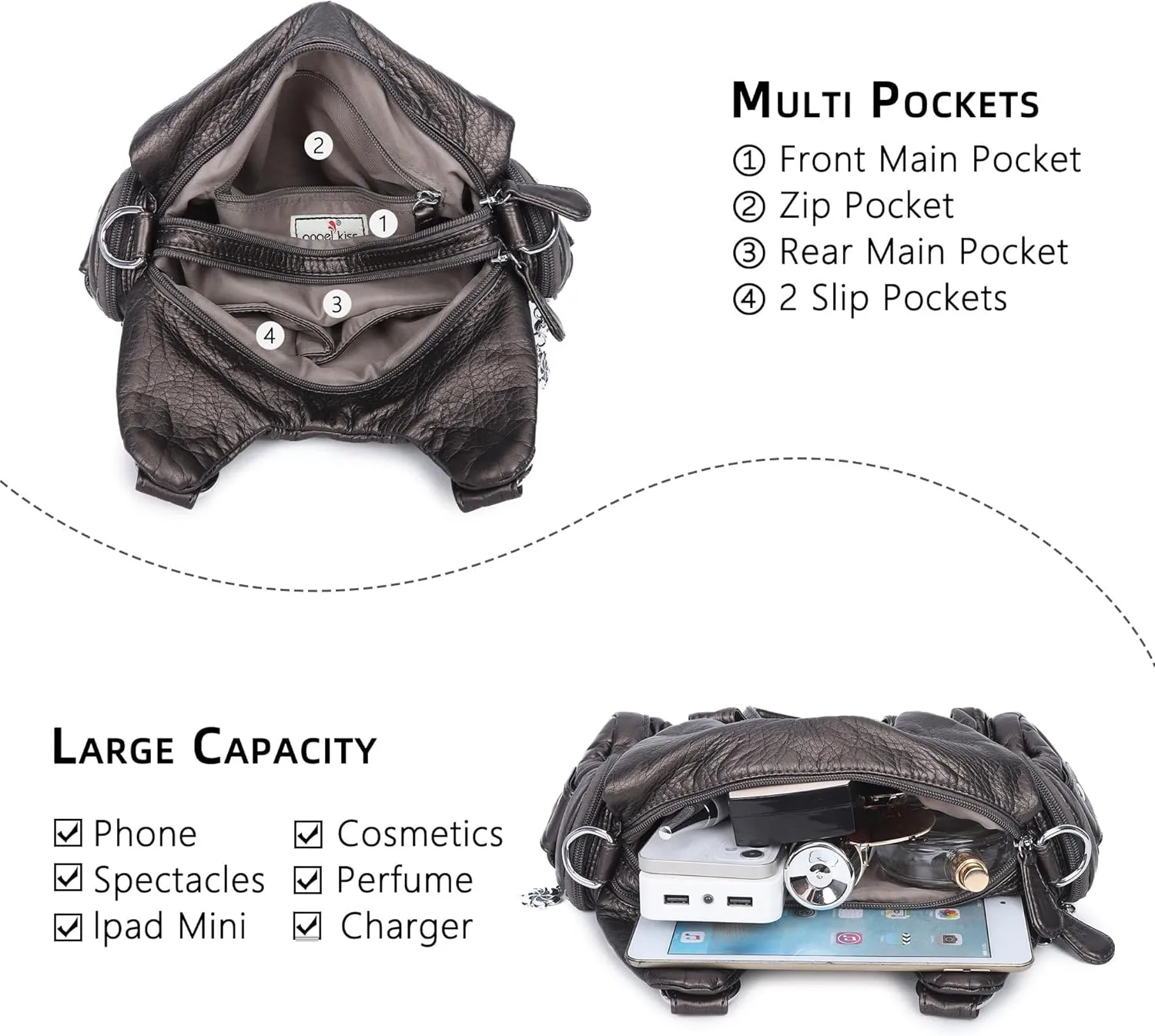 Angel Kiss Purses for Women Small Hobo Shoulder Bags Vagen Leather Multi-Pocket Tote Bag with Zipper