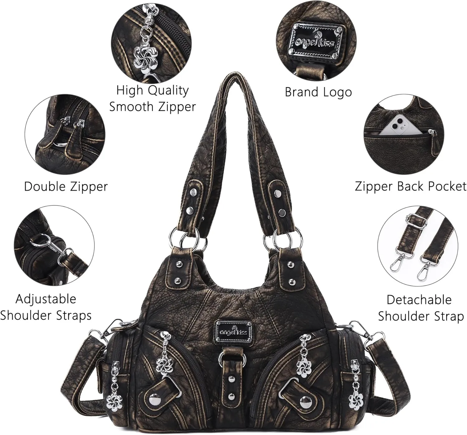 Angel Kiss Purses for Women Small Hobo Shoulder Bags Vagen Leather Multi-Pocket Tote Bag with Zipper