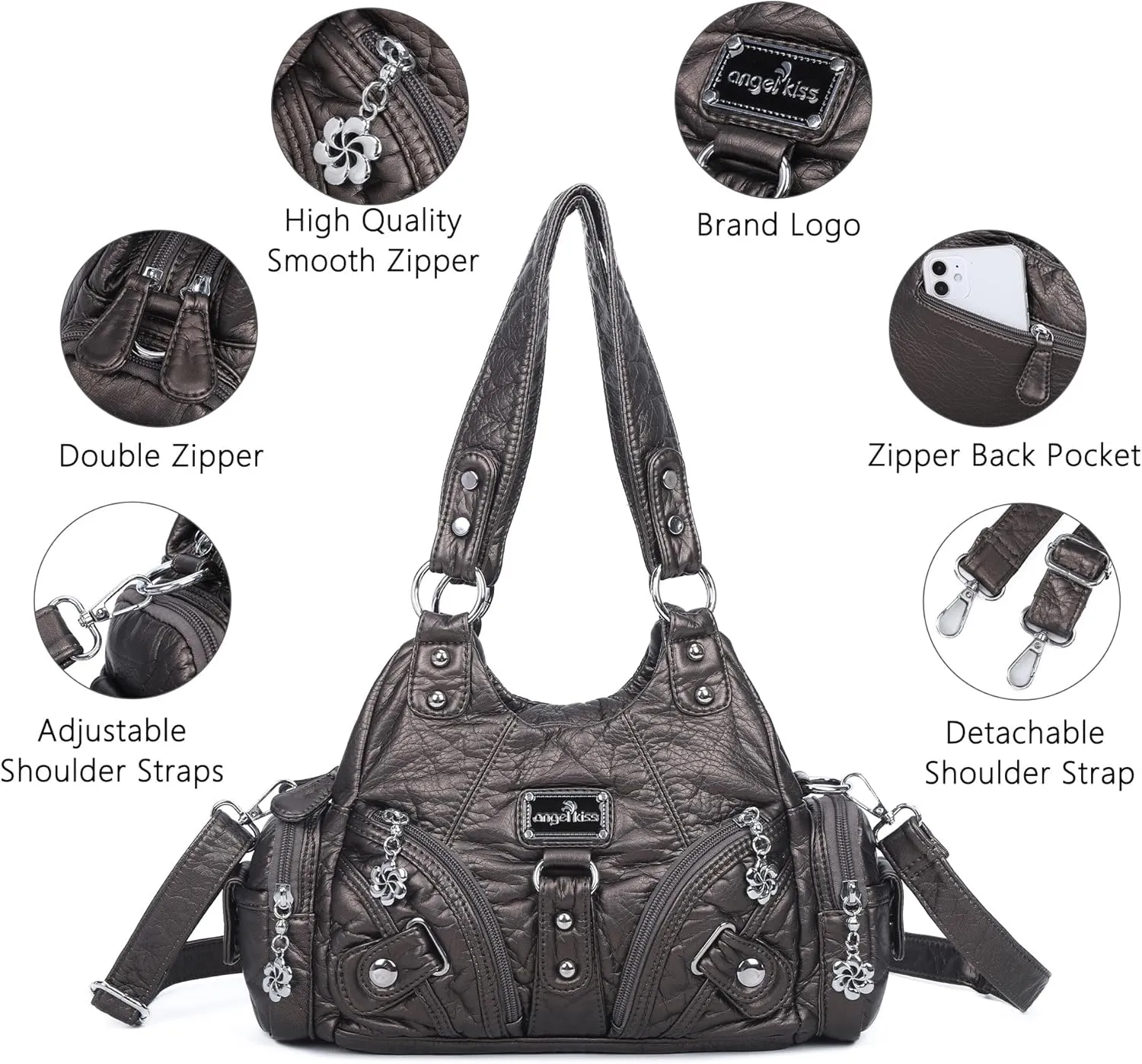 Angel Kiss Purses for Women Small Hobo Shoulder Bags Vagen Leather Multi-Pocket Tote Bag with Zipper