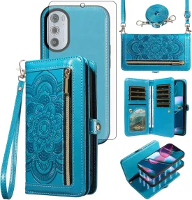 Asuwish Phone Case for Motorola Edge  Plus 2022/Edge X30/30 Pro Zipper Wallet Detachable Cell Cover with Tempered Glass Screen Protector Crossbody Strap Flower Card Holder Moto Edge   5G UW Women Blue