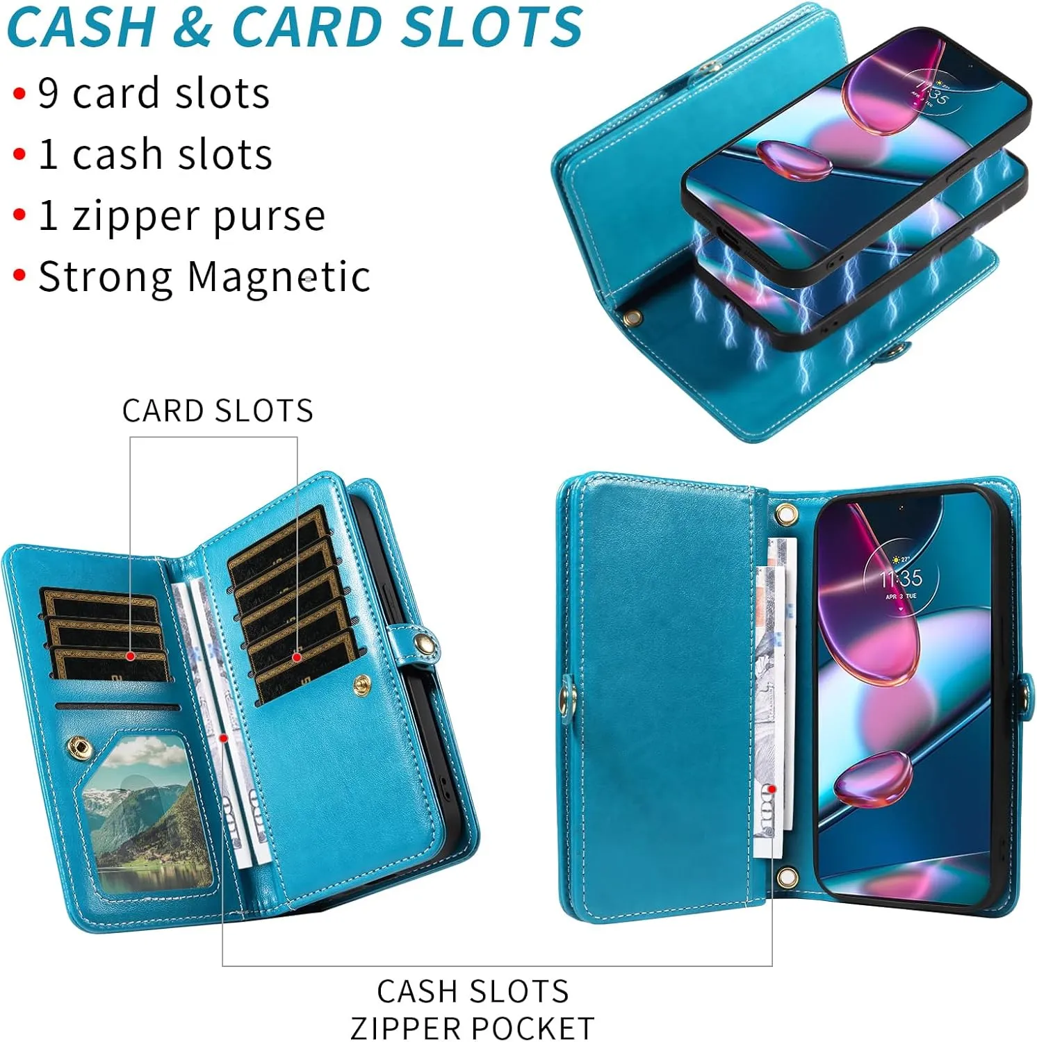 Asuwish Phone Case for Motorola Edge  Plus 2022/Edge X30/30 Pro Zipper Wallet Detachable Cell Cover with Tempered Glass Screen Protector Crossbody Strap Flower Card Holder Moto Edge   5G UW Women Blue