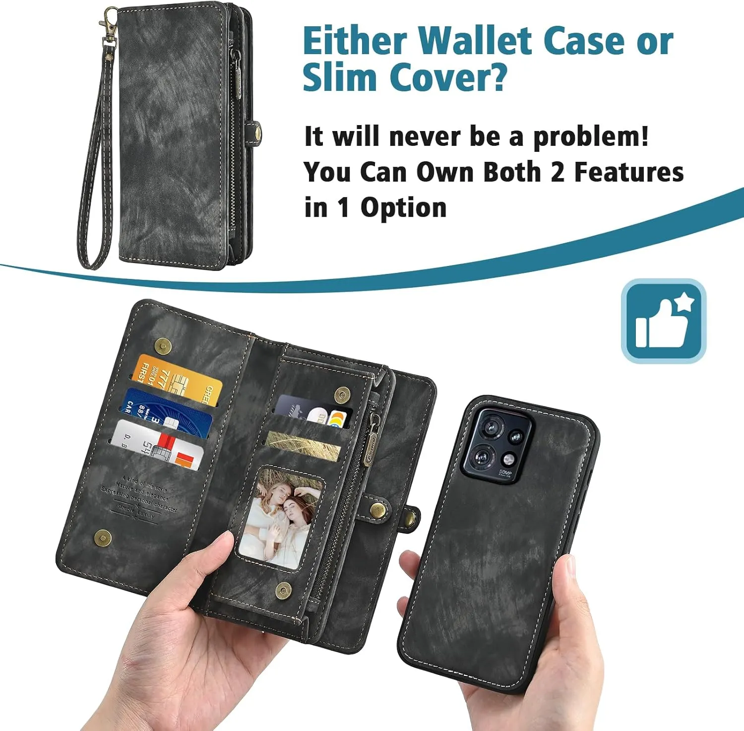 Asuwish Phone Case for Motorola Edge  Plus 2023/Edge 40 Pro 5G/Moto X40 Zipper Wallet Detachable Cell Cover with Tempered Glass Screen Protector Crossbody Strap Flip Card Holder X   Women Girls Black