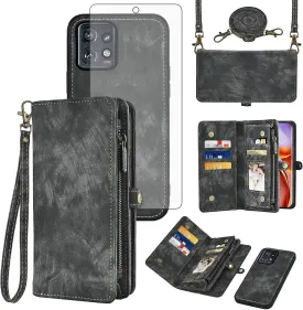 Asuwish Phone Case for Motorola Edge  Plus 2023/Edge 40 Pro 5G/Moto X40 Zipper Wallet Detachable Cell Cover with Tempered Glass Screen Protector Crossbody Strap Flip Card Holder X   Women Girls Black