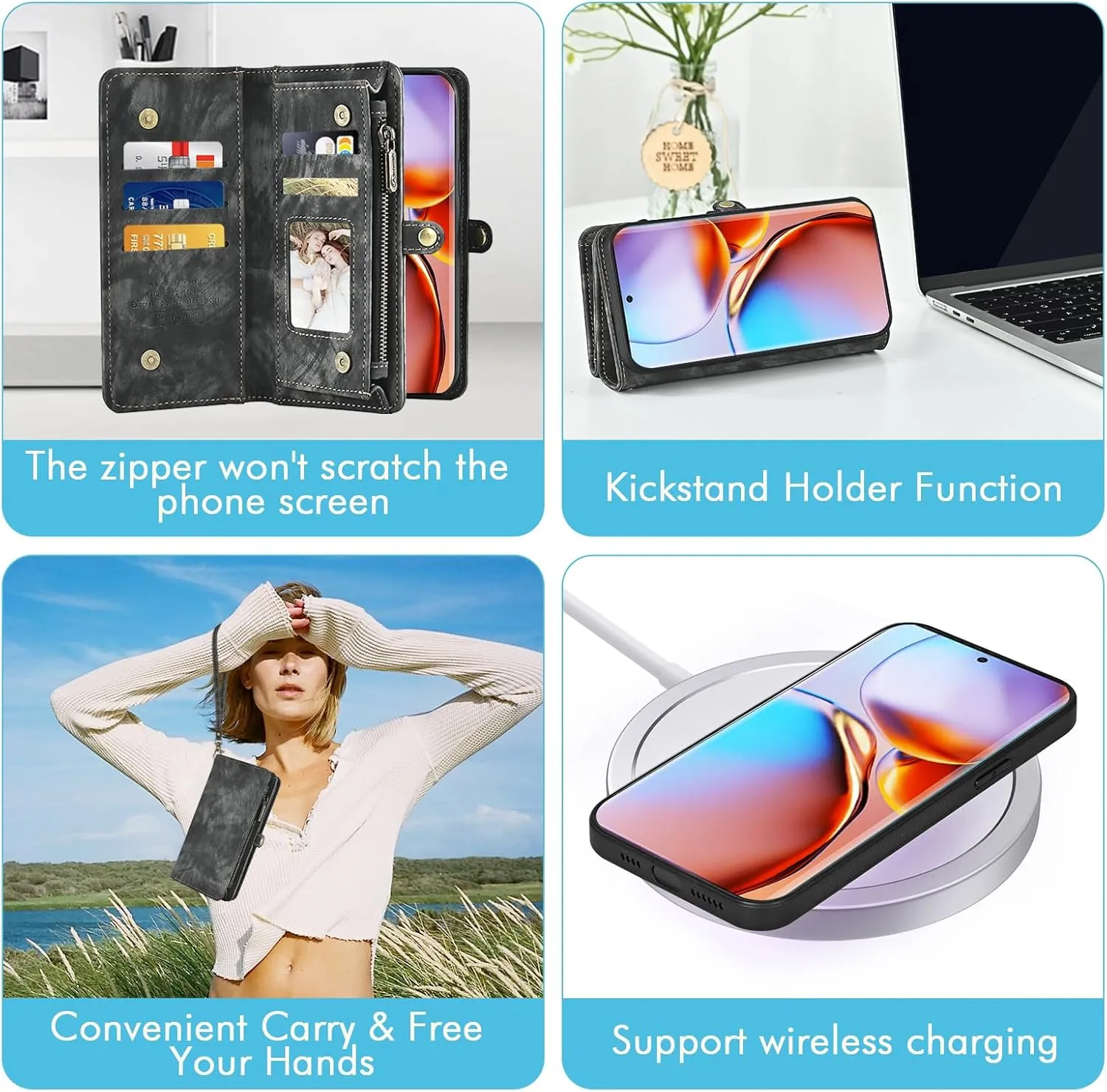 Asuwish Phone Case for Motorola Edge  Plus 2023/Edge 40 Pro 5G/Moto X40 Zipper Wallet Detachable Cell Cover with Tempered Glass Screen Protector Crossbody Strap Flip Card Holder X   Women Girls Black