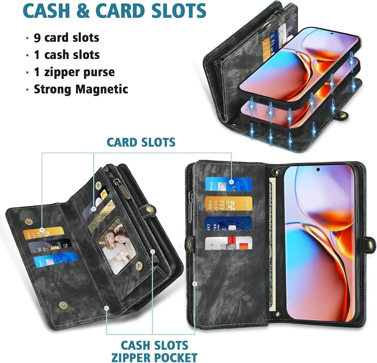 Asuwish Phone Case for Motorola Edge  Plus 2023/Edge 40 Pro 5G/Moto X40 Zipper Wallet Detachable Cell Cover with Tempered Glass Screen Protector Crossbody Strap Flip Card Holder X   Women Girls Black