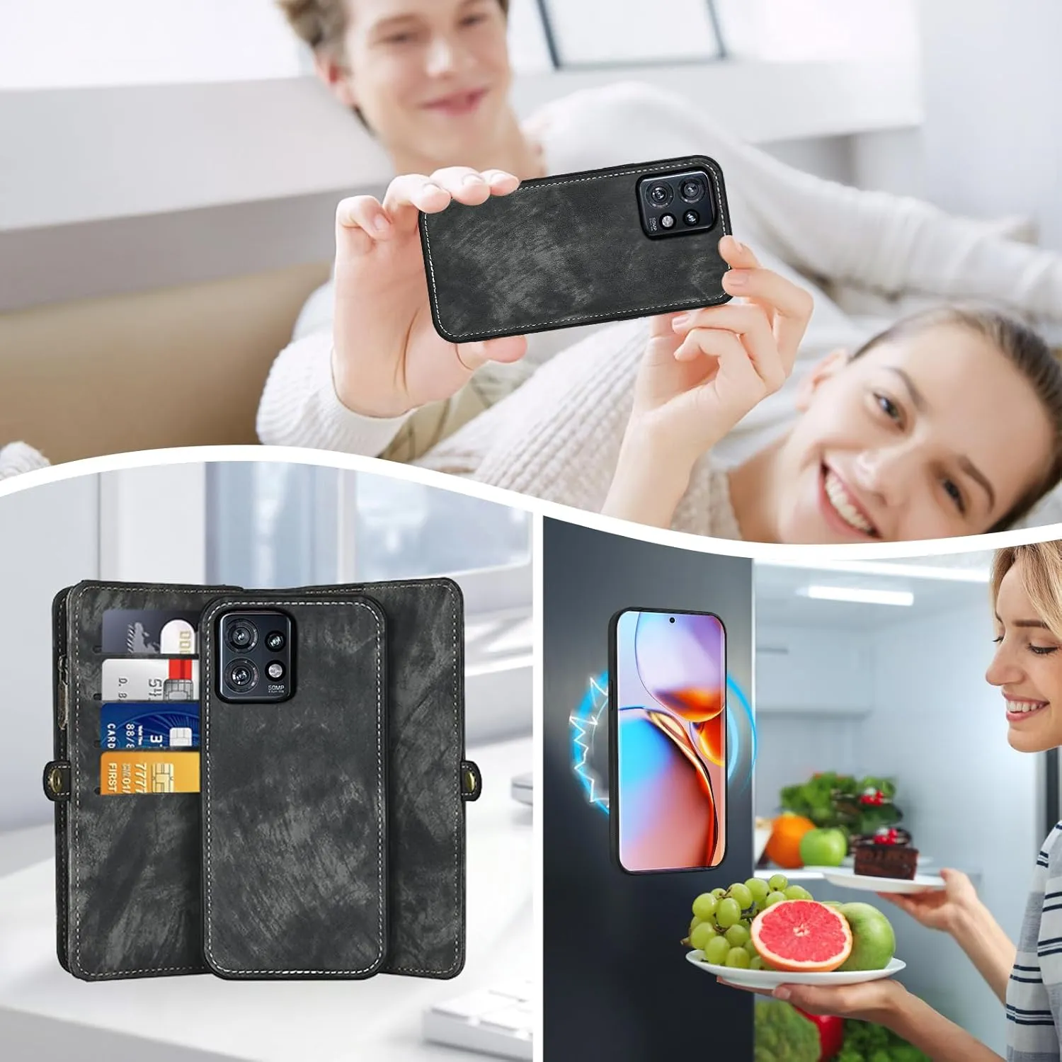 Asuwish Phone Case for Motorola Edge  Plus 2023/Edge 40 Pro 5G/Moto X40 Zipper Wallet Detachable Cell Cover with Tempered Glass Screen Protector Crossbody Strap Flip Card Holder X   Women Girls Black