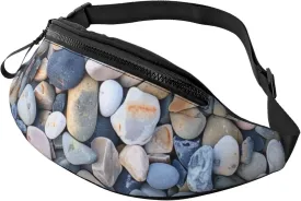 Beach Colored Pebbles Printed Bumbag Waist Bag for Men Women Adjustable Belt Fanny Pack with Headphone Hole for Travel,Hiking,Sport,Cycling, Black, One Size, Hiking Backpack