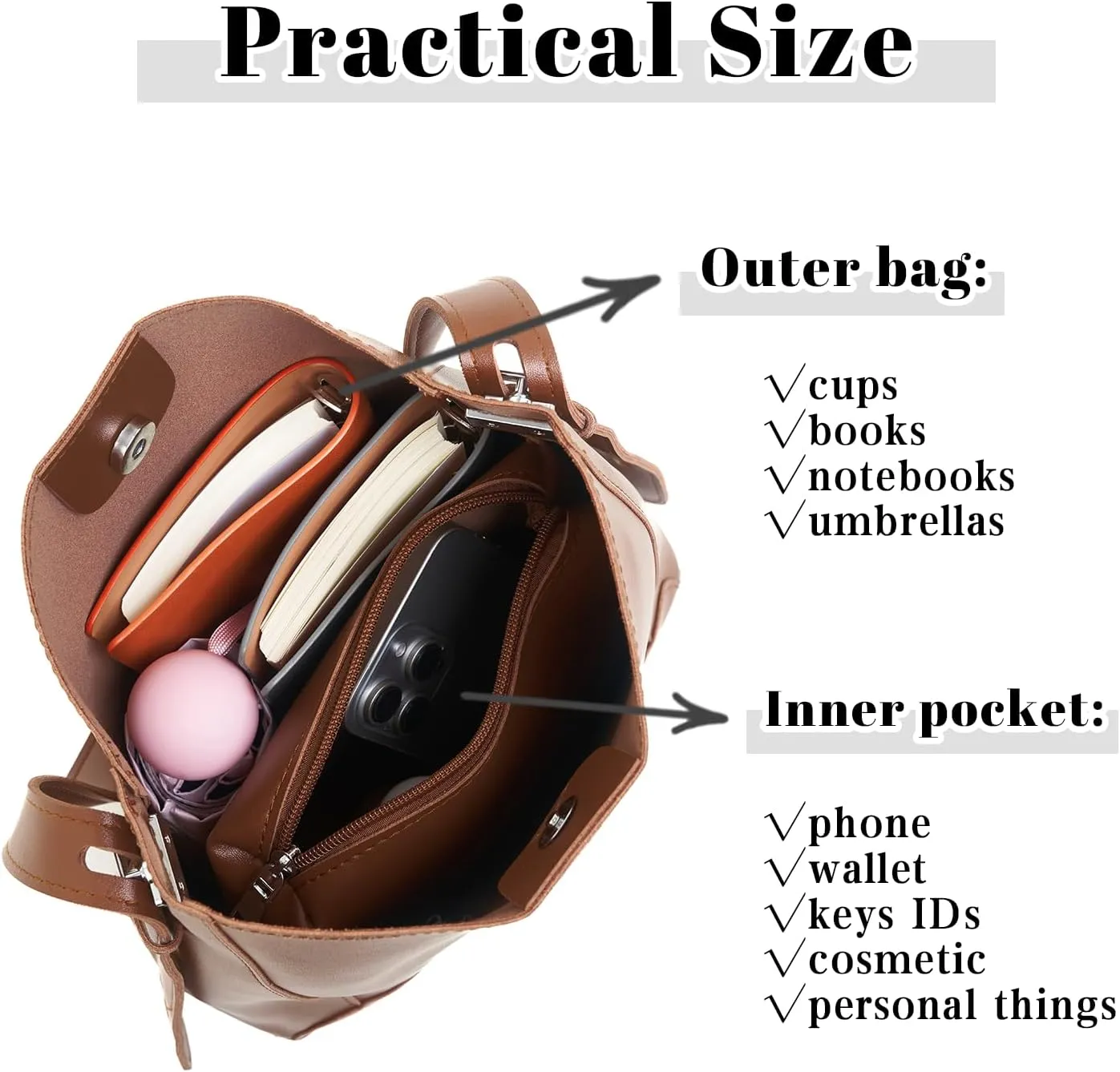 Bucket Bag for Women - Vegan Leather Adjustable Shoulder Bag With Purse Tote Bag for Work,Daily