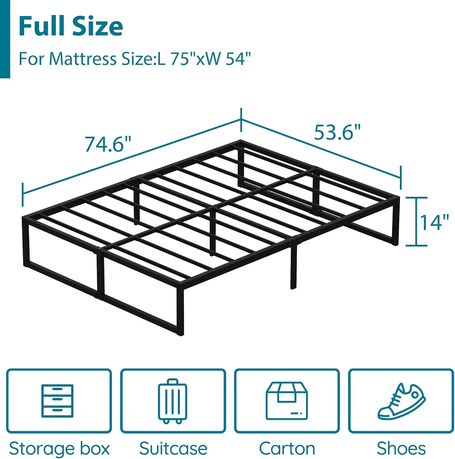 EMODA 14 Inch Full Size Bed Frame Heavy Duty Metal Platform No Box Spring Needed, Easy Assembly Noise Free, Black