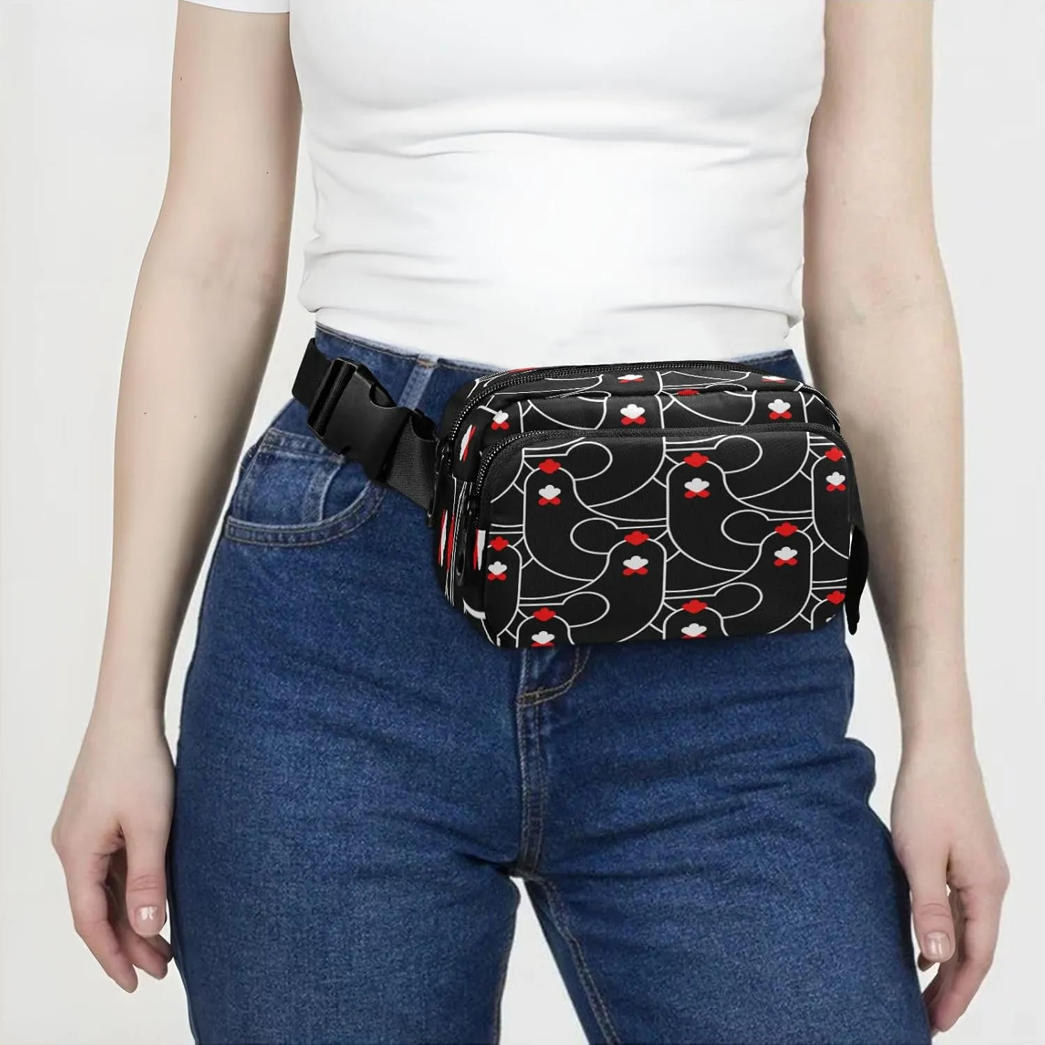 Fanny Pack Belt Bag for Women Men Black Chicken Head Pattern Fashion Waist Pack Waterproof Adjustable Cross Body Fanny Pack for Workout/Running/Hiking/Traveling/Cycling