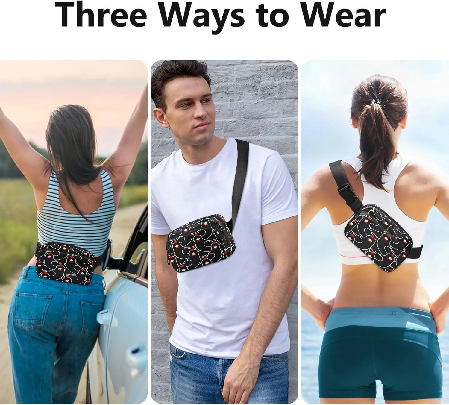 Fanny Pack Belt Bag for Women Men Black Chicken Head Pattern Fashion Waist Pack Waterproof Adjustable Cross Body Fanny Pack for Workout/Running/Hiking/Traveling/Cycling