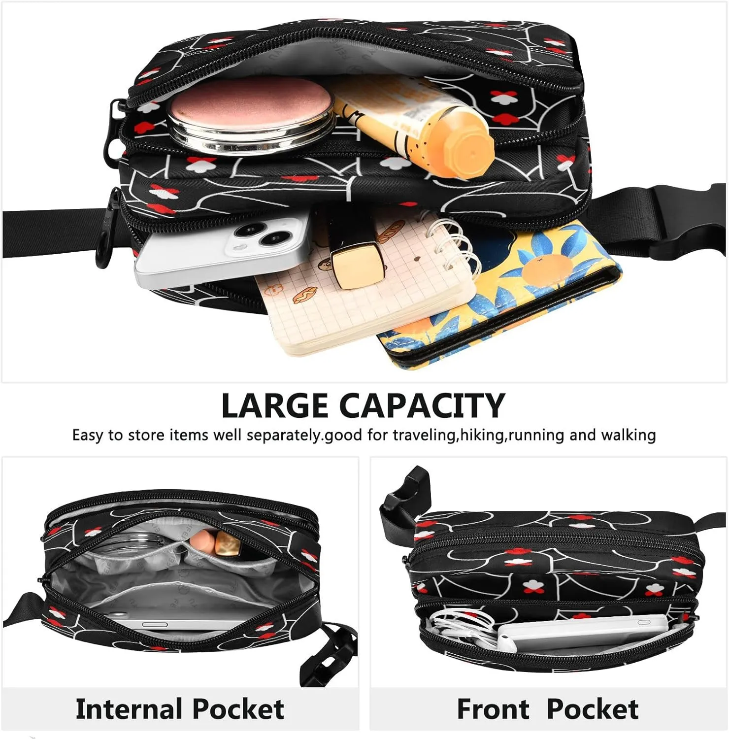 Fanny Pack Belt Bag for Women Men Black Chicken Head Pattern Fashion Waist Pack Waterproof Adjustable Cross Body Fanny Pack for Workout/Running/Hiking/Traveling/Cycling