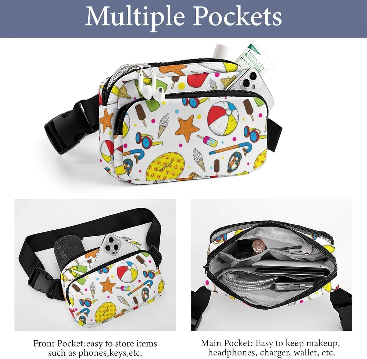 Fanny Pack for Women Men Summer Ice Cream Belt Bag Starfish Waist Pack Bum Bag for Running Cycling Hiking Travel Workout with Adjustable Strap