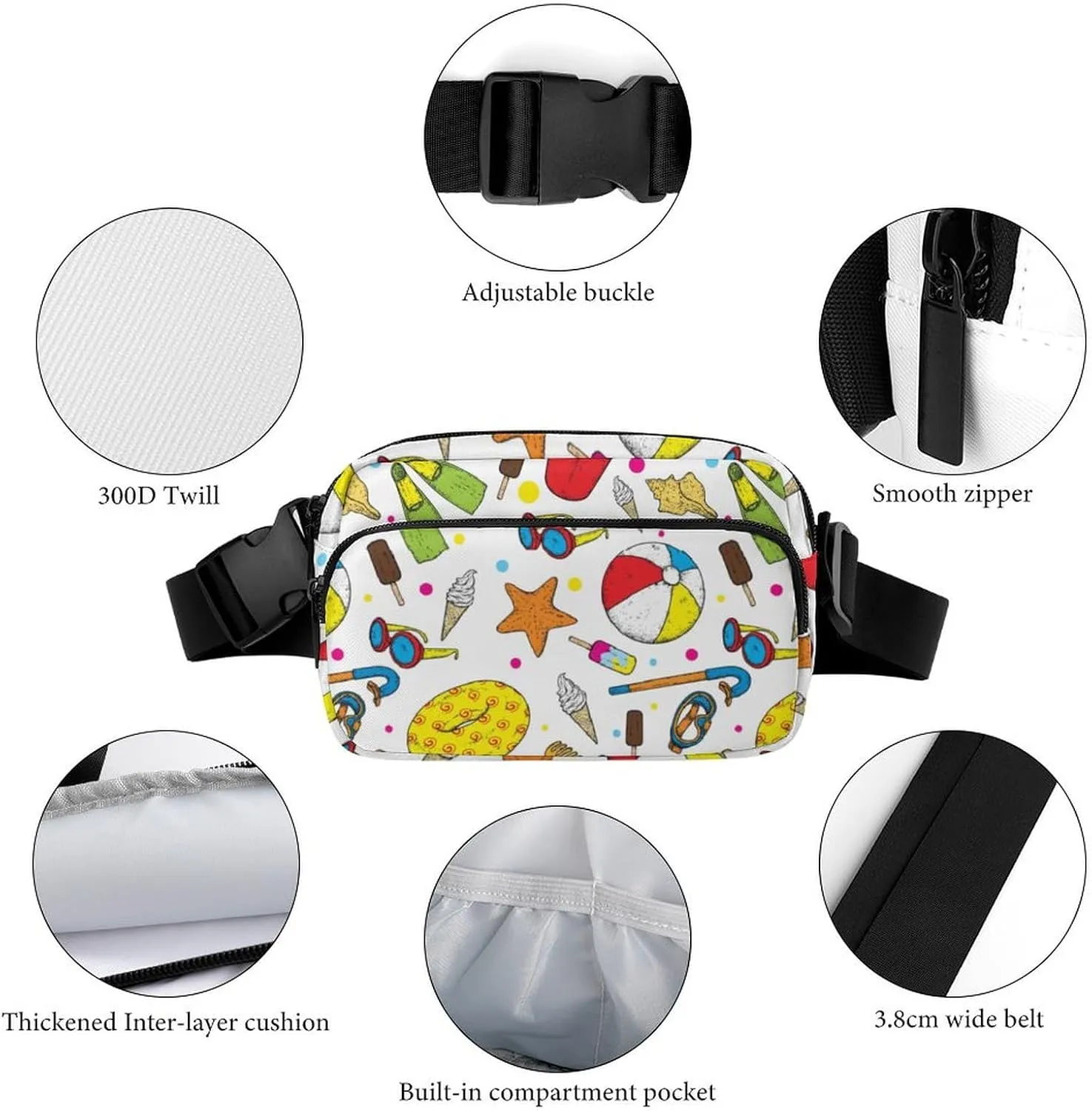 Fanny Pack for Women Men Summer Ice Cream Belt Bag Starfish Waist Pack Bum Bag for Running Cycling Hiking Travel Workout with Adjustable Strap
