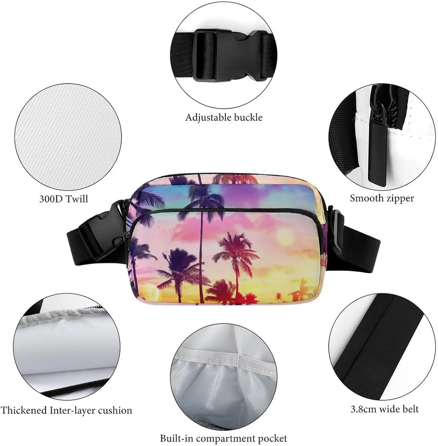 Fanny Pack for Women Men Tropical Palm Trees Belt Bag Sunset Waist Pack Bum Bag for Running Cycling Hiking Travel Workout with Adjustable Strap