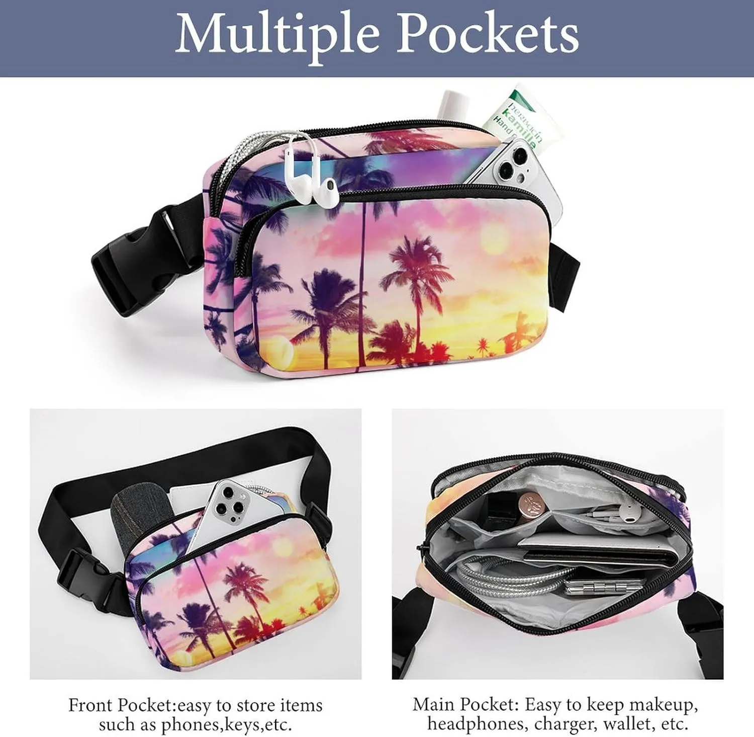 Fanny Pack for Women Men Tropical Palm Trees Belt Bag Sunset Waist Pack Bum Bag for Running Cycling Hiking Travel Workout with Adjustable Strap