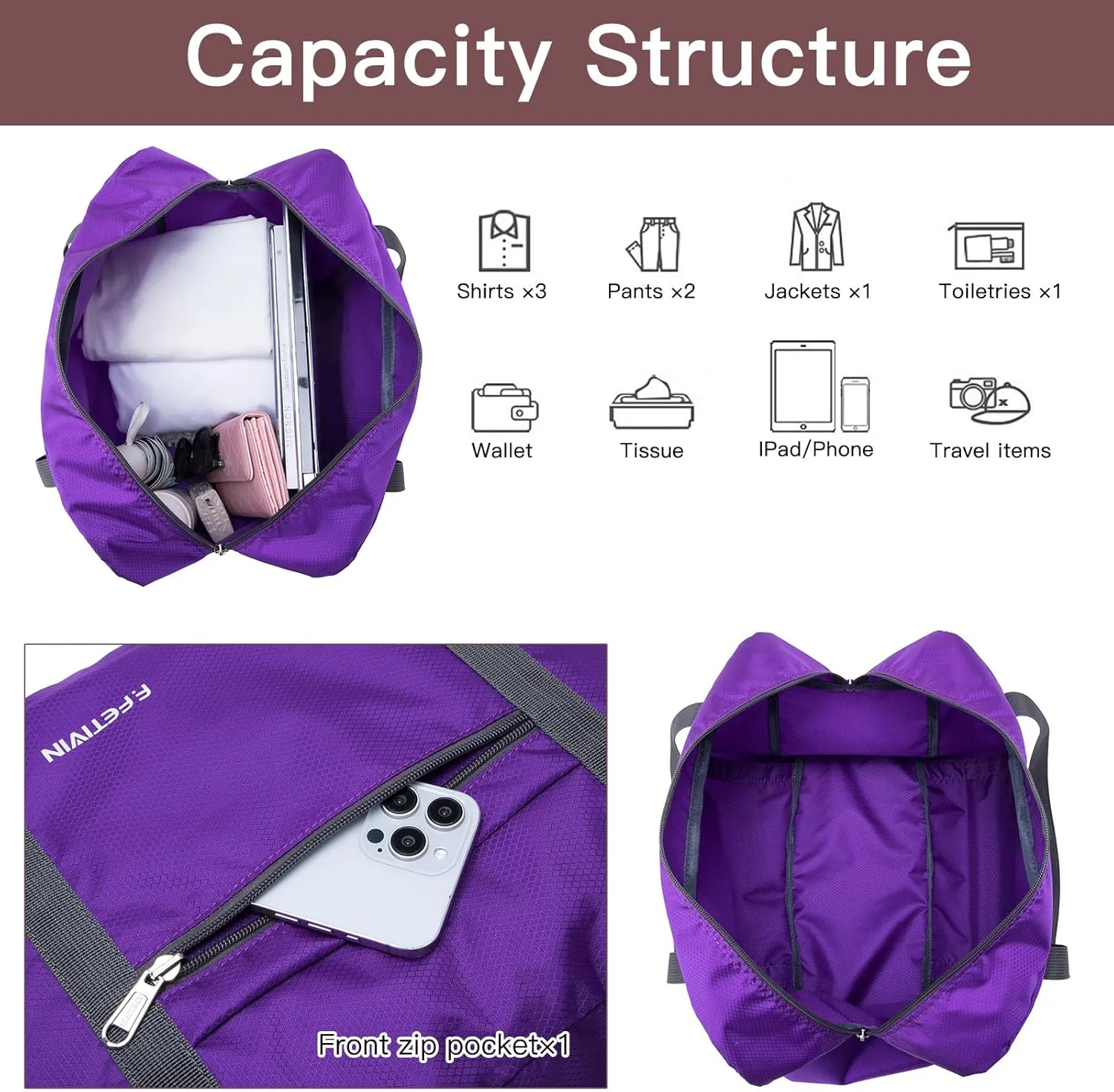 F.FETIVIN Personal item travel bag 17.7x12.6x6.3 for Spirit Airlines Lightweight carry on duffle bag waterproof for Gym,Sports,Vacation(Purple)