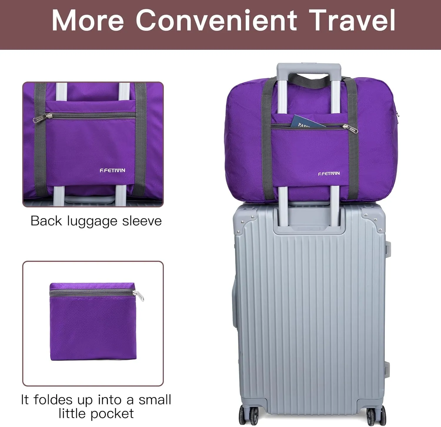 F.FETIVIN Personal item travel bag 17.7x12.6x6.3 for Spirit Airlines Lightweight carry on duffle bag waterproof for Gym,Sports,Vacation(Purple)
