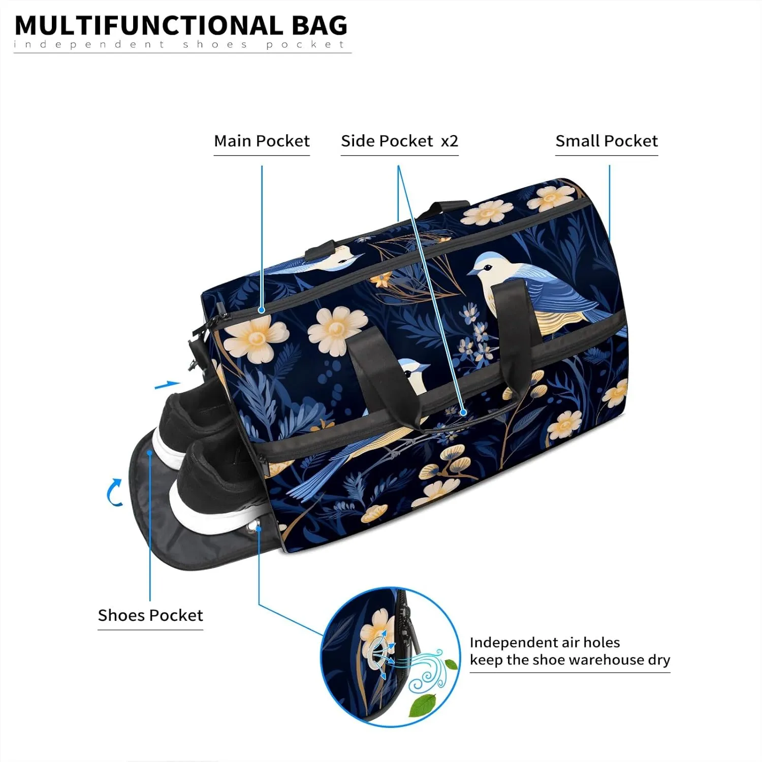 Gym Bag for Women, Carry on Weekender Overnight Bag, Travel Duffel Bags, Personal Item Travel Bag Tote Bag Workout Dance Bag, Chinese Painting Bird - 53