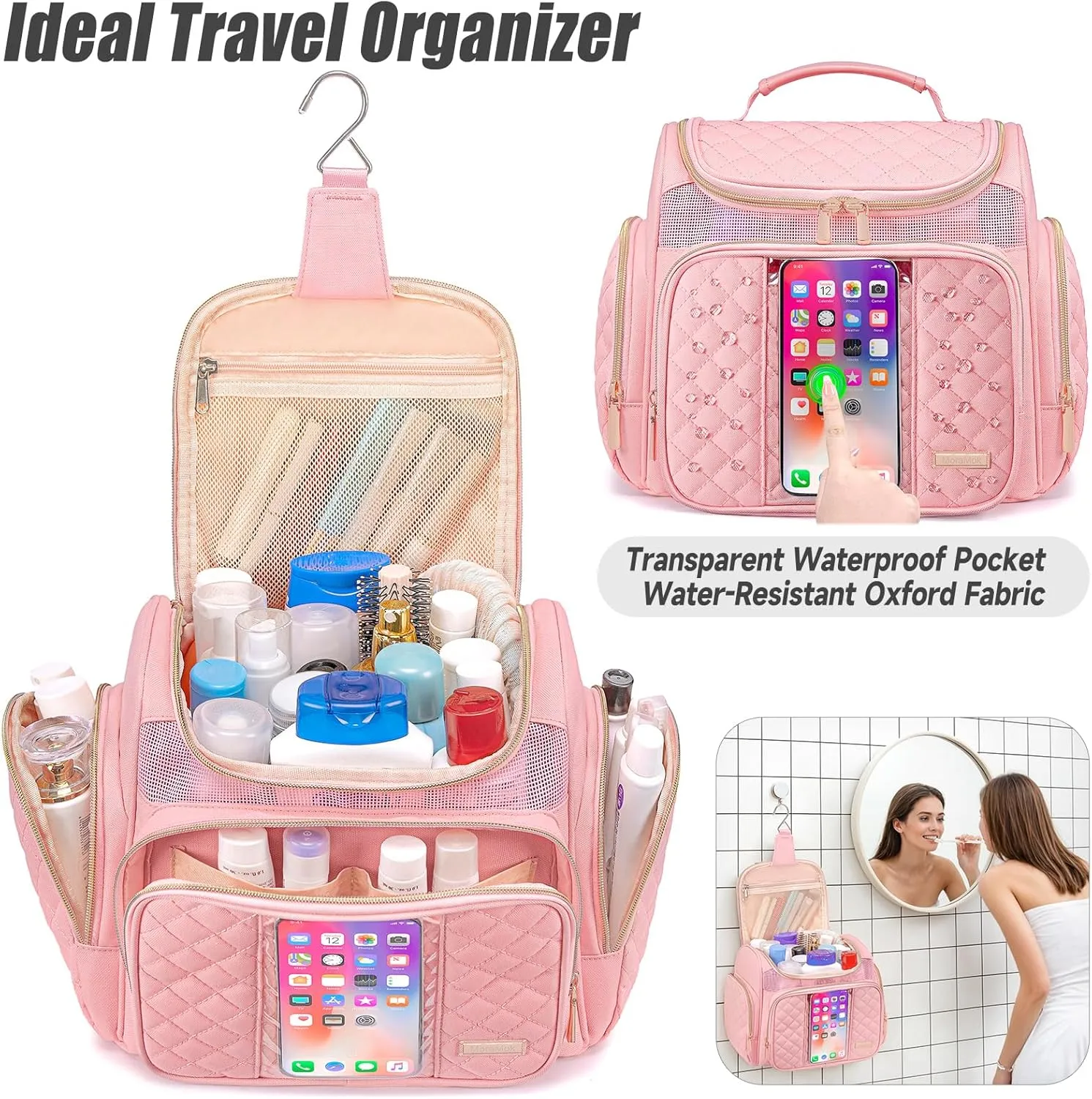 Large Toiletry Bag for Women Men,Bathroom Bag,Water Resistant Makeup Bag,Portable Shower Caddy for College Dorm,Hanging Toiletry Bags for Traveling,Shower Bag with Transparent Waterproof Phone Pocket