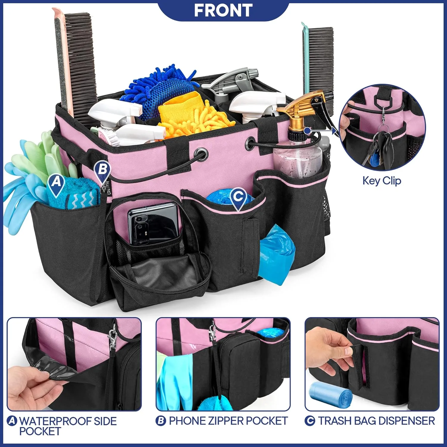 LoDrid Large Professional Cleaning Caddy with Detachable Divider, Supply Organizer with Handle and Shoulder Strap, Cleaning Bags for Housekeepers & Cleaners, Pink