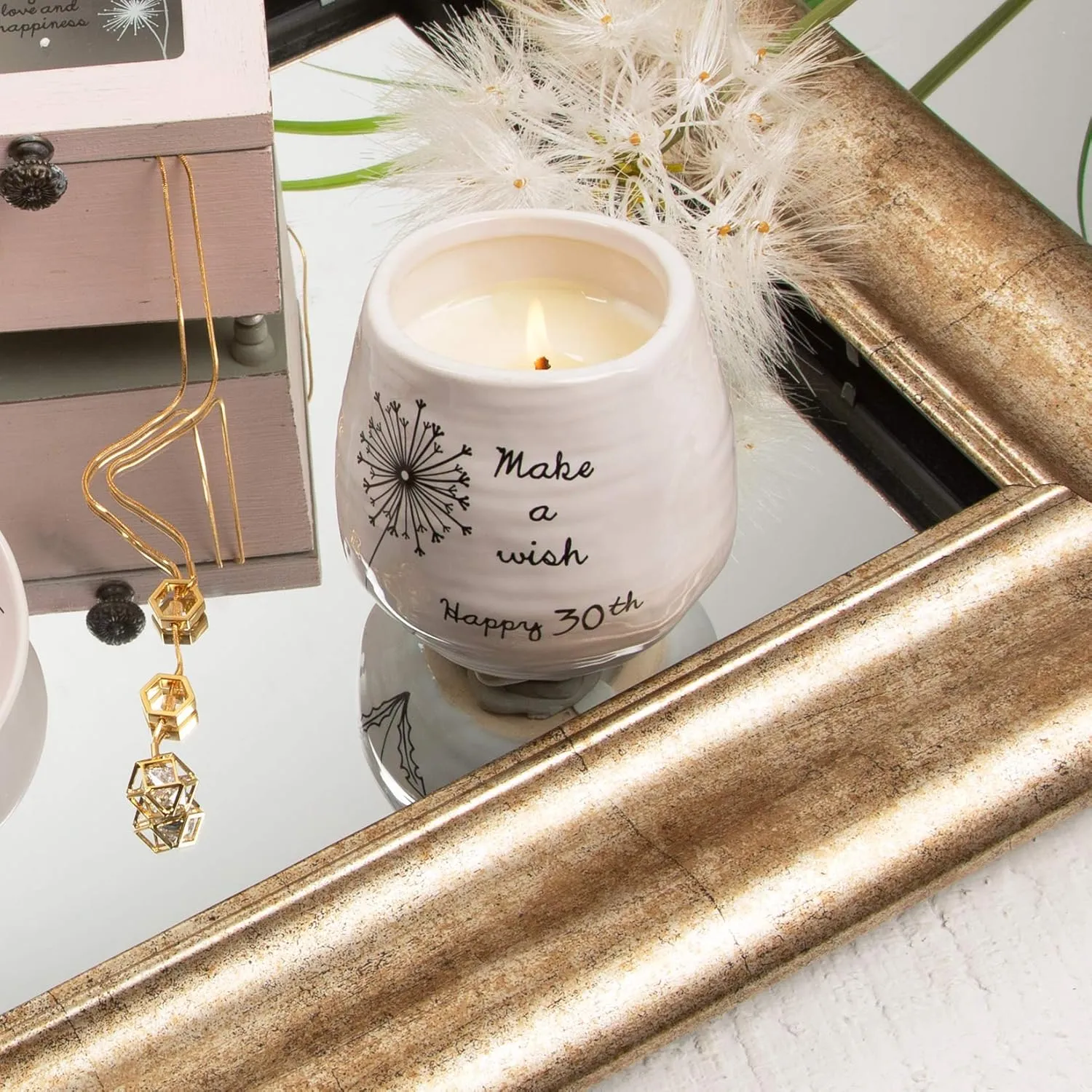 Pavilion - 8 Oz Candle Holder - White Ceramic Candle Jar with 100% Soy Wax Candle Serenity Scent "Make a wish Happy 30th" Ideal Gift for Loved Ones - Printed Text, Love Theme & Oval Shape