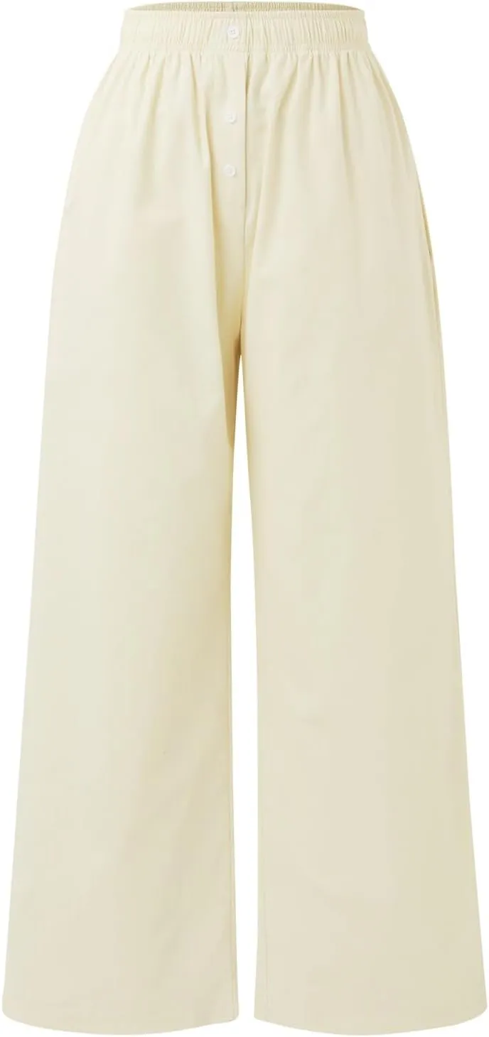 PTOLOCIF Cotton Linen Pants for Women High Waisted Wide Leg Palazzo Pant Drawstring Casual Loose Pants Trousers with Pockets