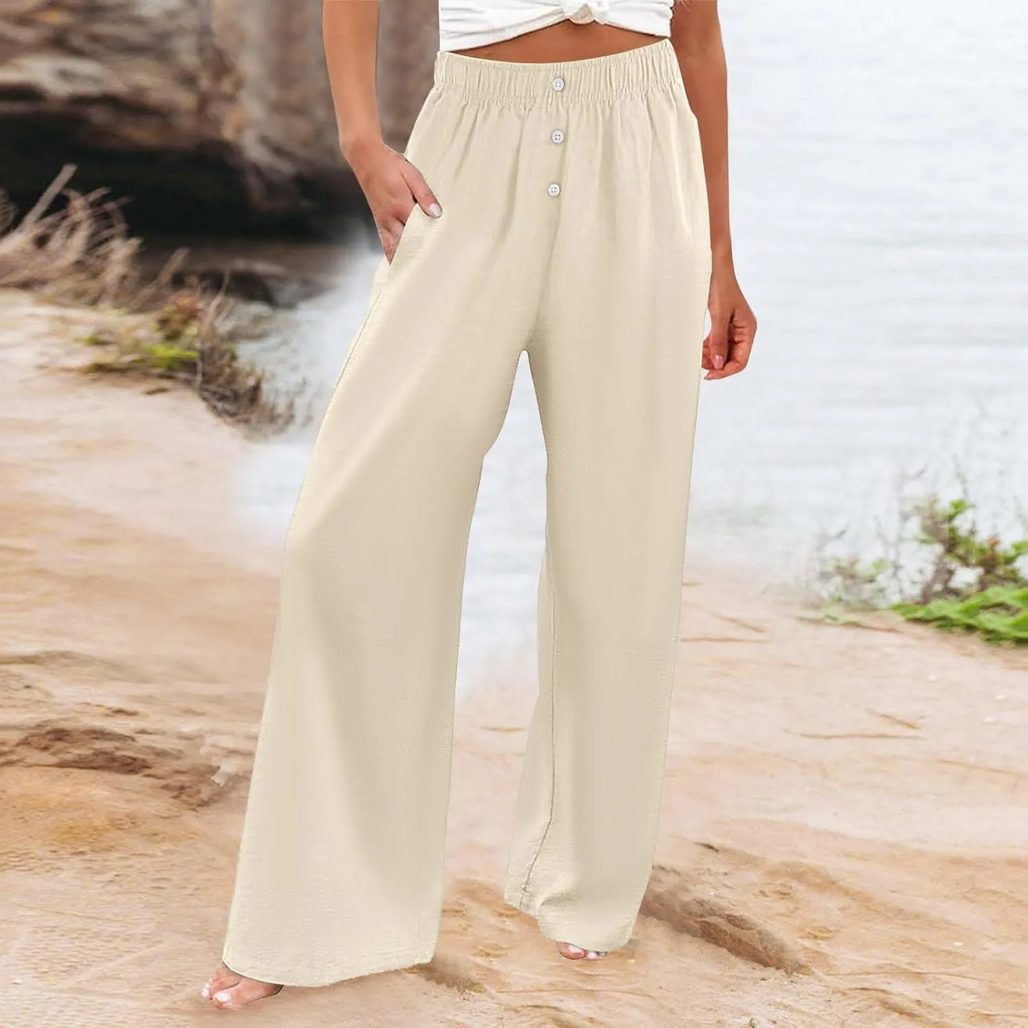PTOLOCIF Cotton Linen Pants for Women High Waisted Wide Leg Palazzo Pant Drawstring Casual Loose Pants Trousers with Pockets