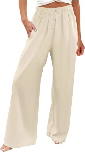 PTOLOCIF Cotton Linen Pants for Women High Waisted Wide Leg Palazzo Pant Drawstring Casual Loose Pants Trousers with Pockets