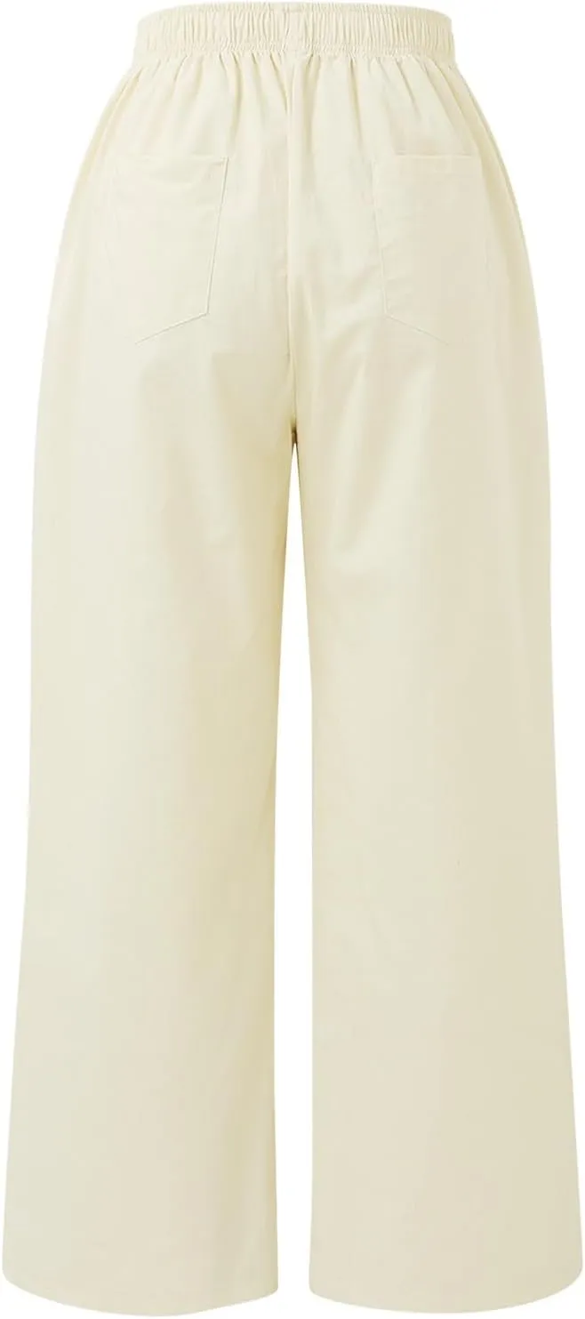 PTOLOCIF Cotton Linen Pants for Women High Waisted Wide Leg Palazzo Pant Drawstring Casual Loose Pants Trousers with Pockets