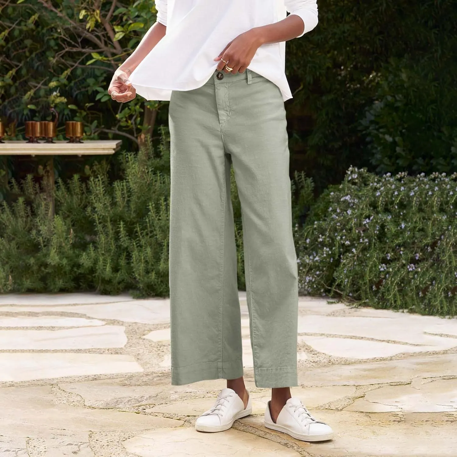 PTOLOCIF Linen Pants for Women Wide Leg Palazzo Pants High Waisted Summer Casual Cotton Linen Boho Pants with Pockets