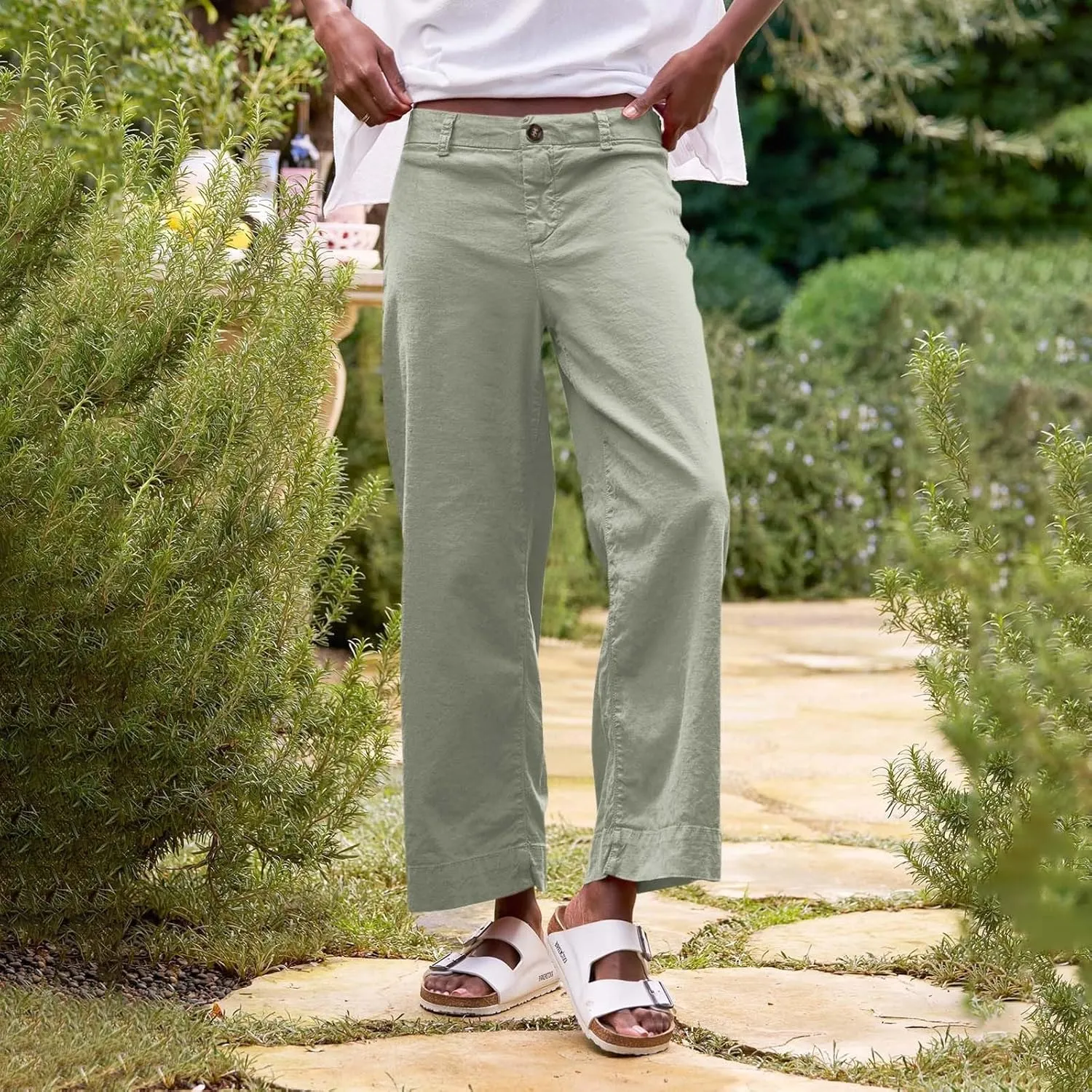 PTOLOCIF Linen Pants for Women Wide Leg Palazzo Pants High Waisted Summer Casual Cotton Linen Boho Pants with Pockets