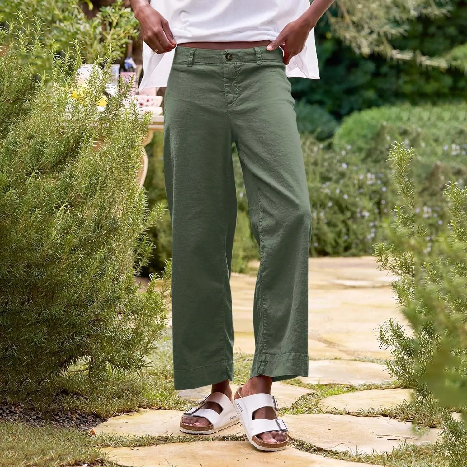 PTOLOCIF Linen Pants for Women Wide Leg Palazzo Pants High Waisted Summer Casual Cotton Linen Boho Pants with Pockets