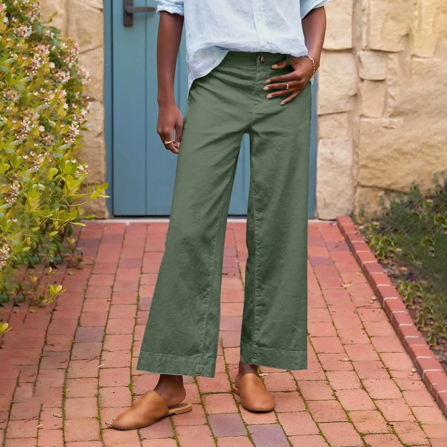 PTOLOCIF Linen Pants for Women Wide Leg Palazzo Pants High Waisted Summer Casual Cotton Linen Boho Pants with Pockets