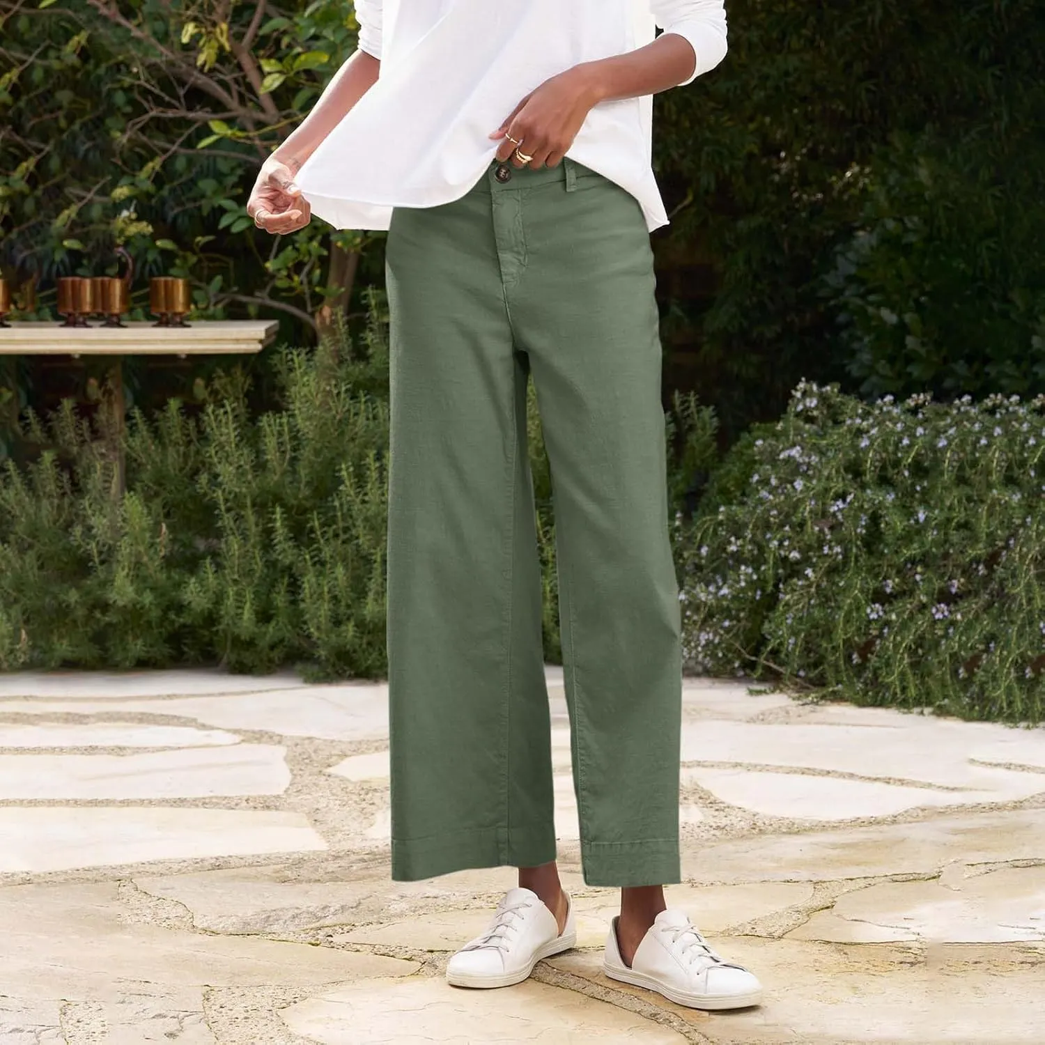 PTOLOCIF Linen Pants for Women Wide Leg Palazzo Pants High Waisted Summer Casual Cotton Linen Boho Pants with Pockets