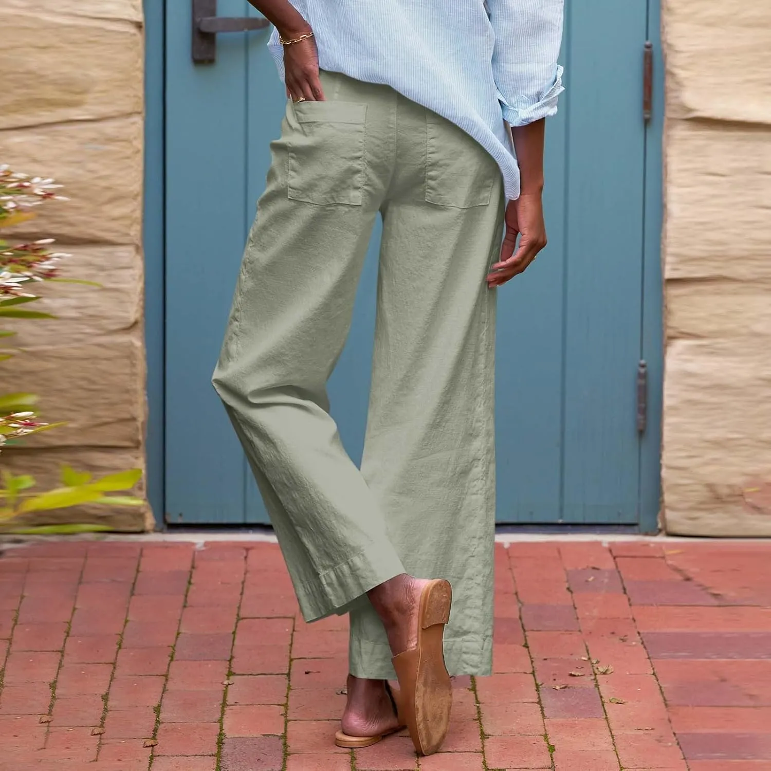 PTOLOCIF Linen Pants for Women Wide Leg Palazzo Pants High Waisted Summer Casual Cotton Linen Boho Pants with Pockets