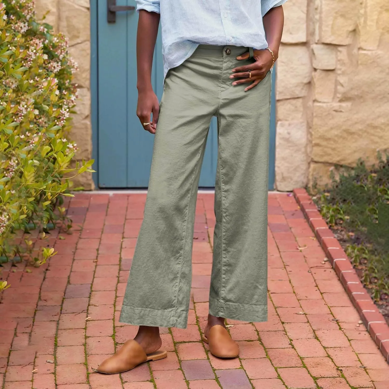 PTOLOCIF Linen Pants for Women Wide Leg Palazzo Pants High Waisted Summer Casual Cotton Linen Boho Pants with Pockets