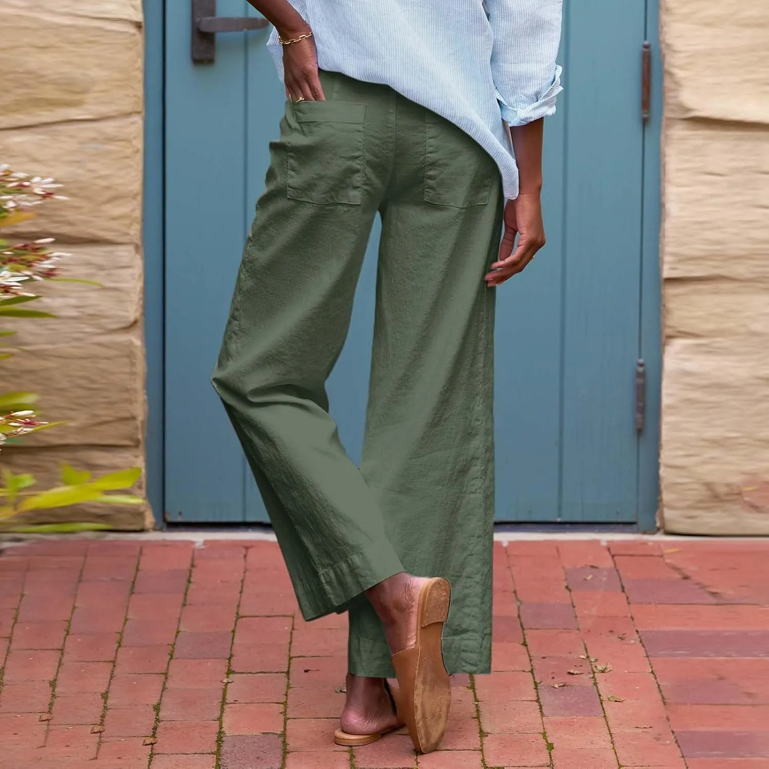 PTOLOCIF Linen Pants for Women Wide Leg Palazzo Pants High Waisted Summer Casual Cotton Linen Boho Pants with Pockets