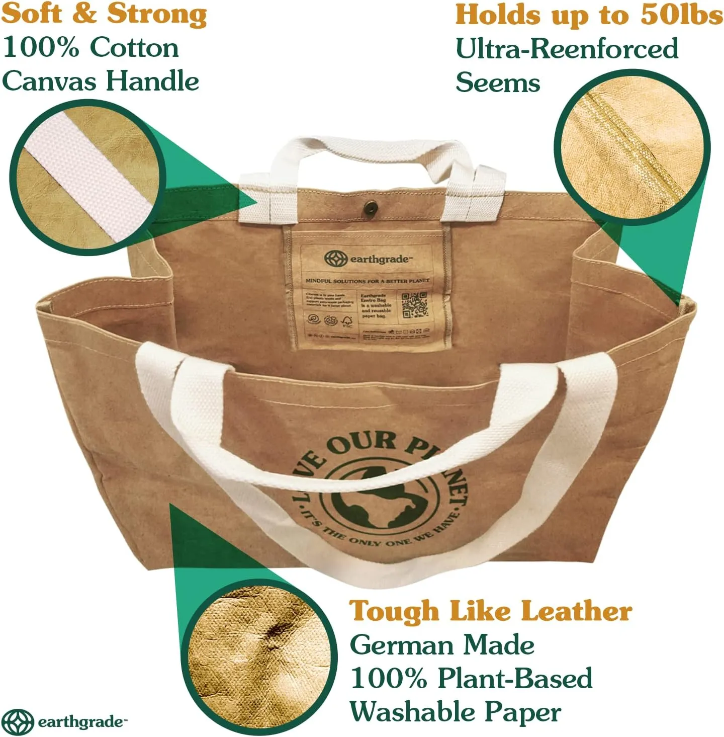 Reusable Grocery Bag  Large Sustainable Washable Paper Tote with Reinforced Seams. Foldable and Durable.