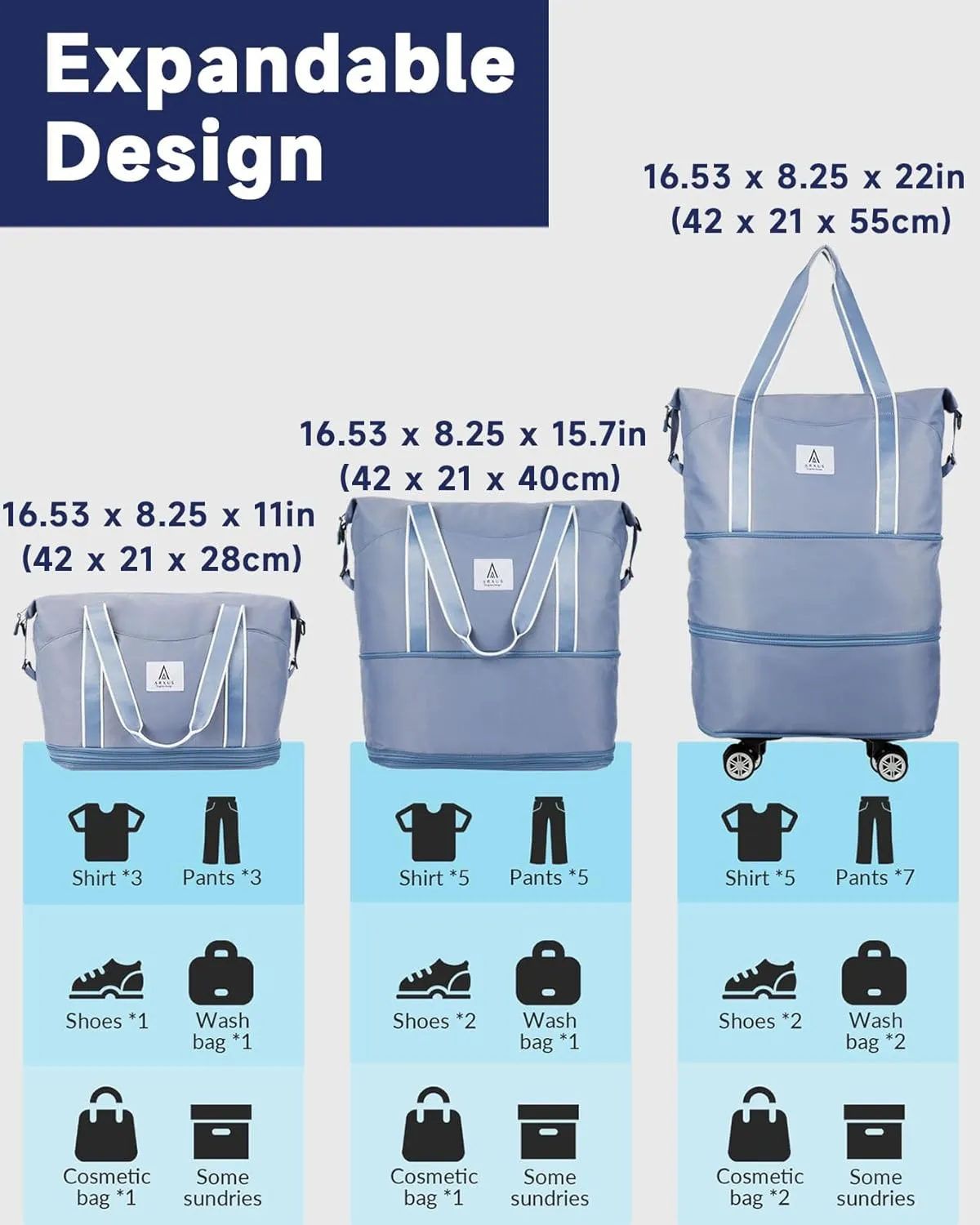 Rolling Duffle Bag with Detachable Wheels and Adjustable Shoulder Strap, Large Expandable Foldable Carry On Luggage Bag with Handle and Suitcase Sleeve, Weekender Bag for Travel Airplane 25L-55L