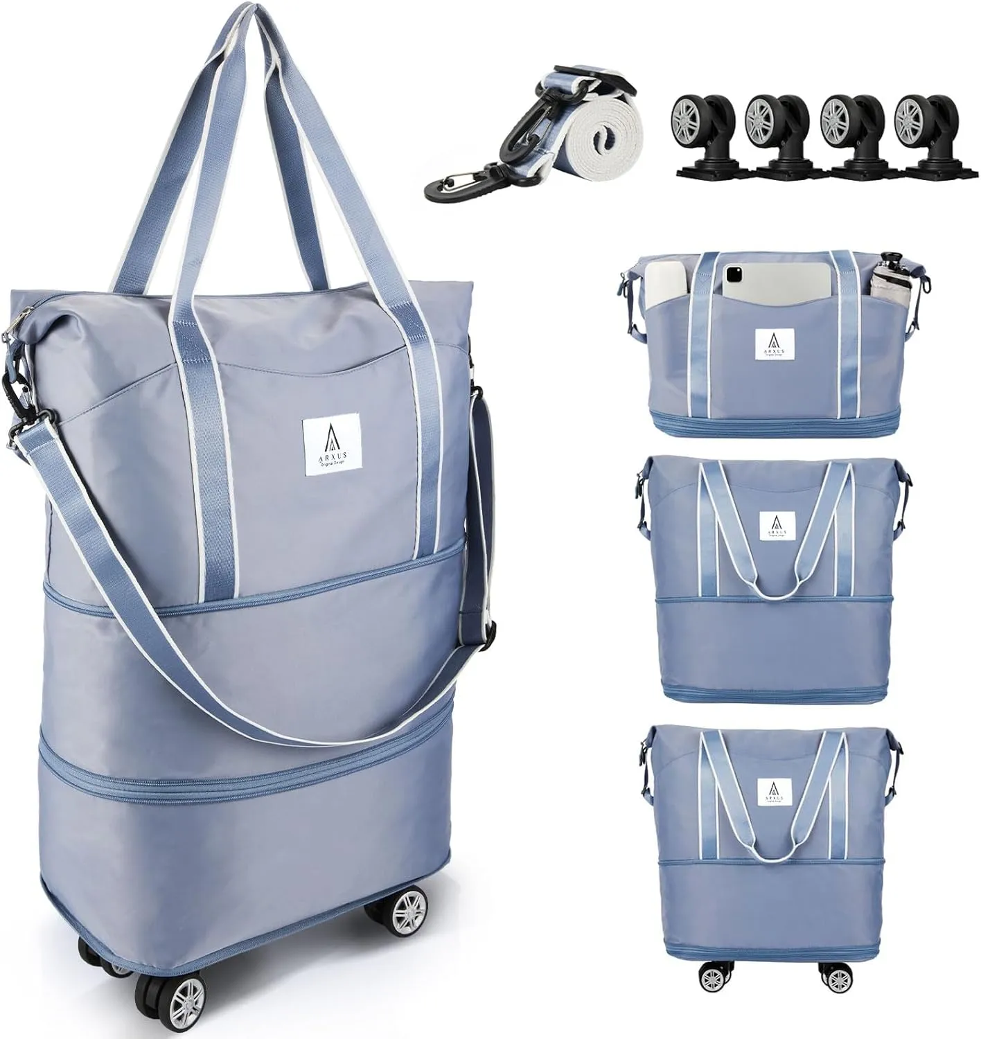 Rolling Duffle Bag with Detachable Wheels and Adjustable Shoulder Strap, Large Expandable Foldable Carry On Luggage Bag with Handle and Suitcase Sleeve, Weekender Bag for Travel Airplane 25L-55L