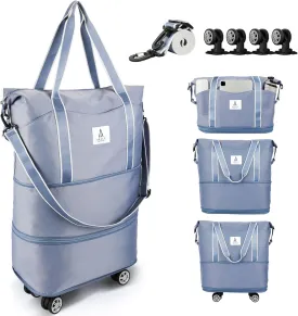 Rolling Duffle Bag with Detachable Wheels and Adjustable Shoulder Strap, Large Expandable Foldable Carry On Luggage Bag with Handle and Suitcase Sleeve, Weekender Bag for Travel Airplane 25L-55L