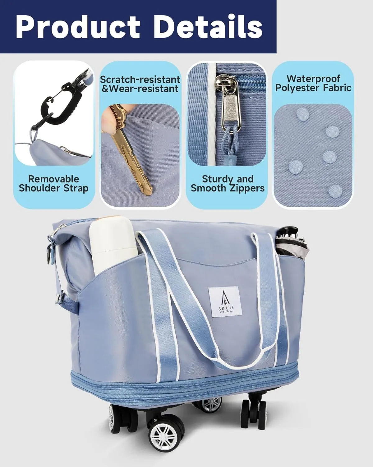 Rolling Duffle Bag with Detachable Wheels and Adjustable Shoulder Strap, Large Expandable Foldable Carry On Luggage Bag with Handle and Suitcase Sleeve, Weekender Bag for Travel Airplane 25L-55L