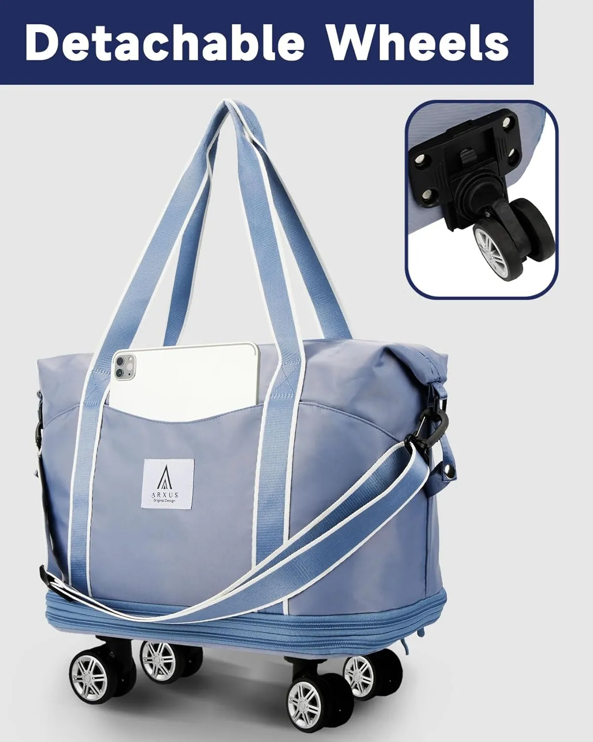 Rolling Duffle Bag with Detachable Wheels and Adjustable Shoulder Strap, Large Expandable Foldable Carry On Luggage Bag with Handle and Suitcase Sleeve, Weekender Bag for Travel Airplane 25L-55L