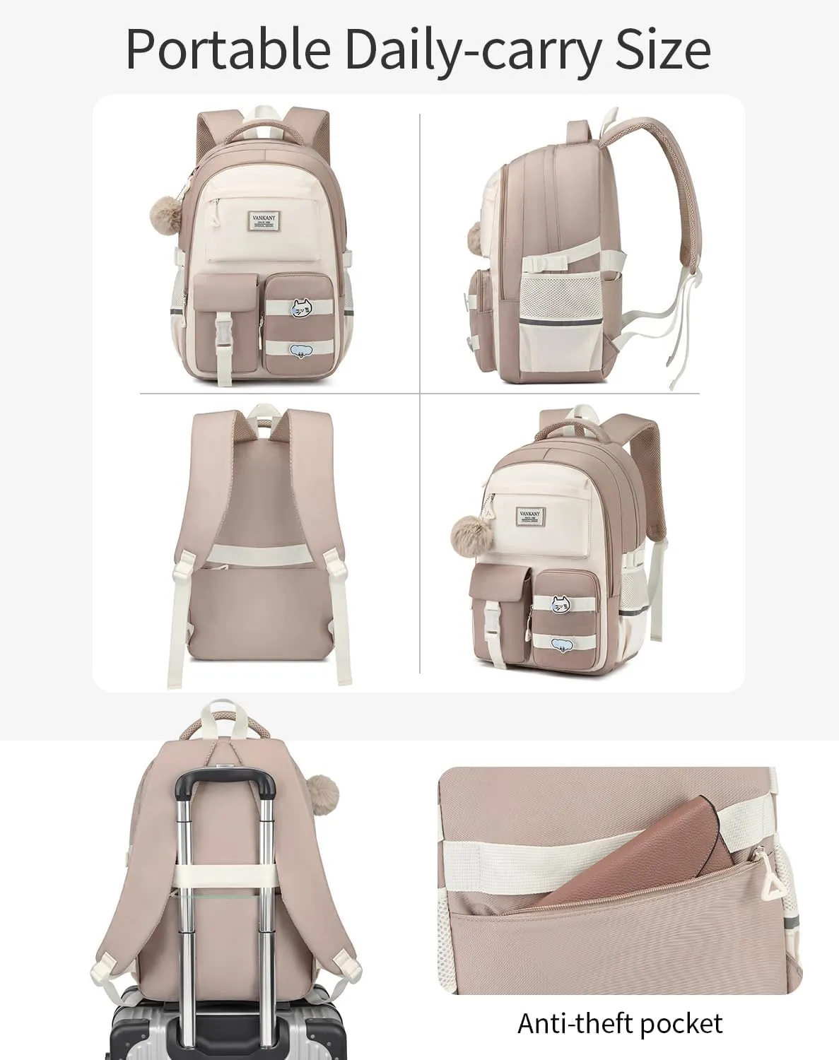 School Backpack for Teen Girls, Cute Big Student Laptop Backpack for College Women Middle High School Bookbag Travel Daypack, Khaki Beige